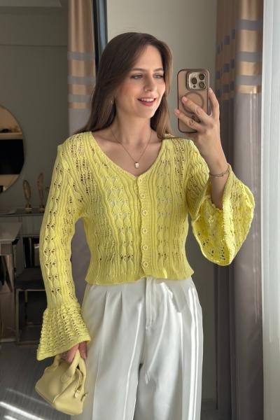 Ajurlu V Yaka Hırka Sarı