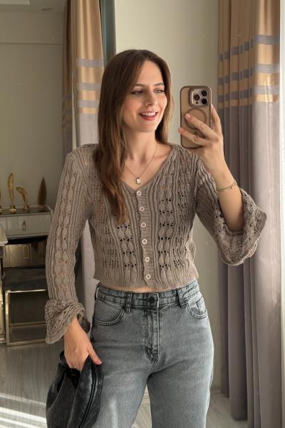 Ajurlu V Yaka Hırka Vizon