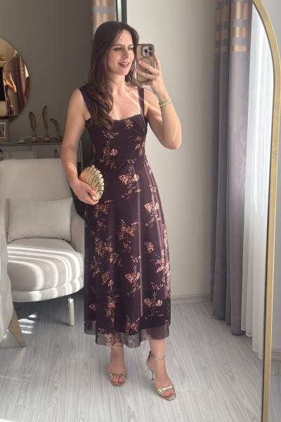 Askılı Çiçek Desenli Astarlı Tül Elbise Kahverengi