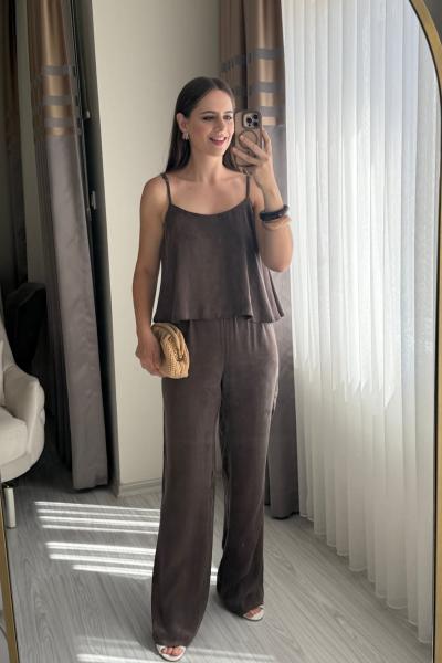 Askılı Bluz Pantolon Takım Kahverengi