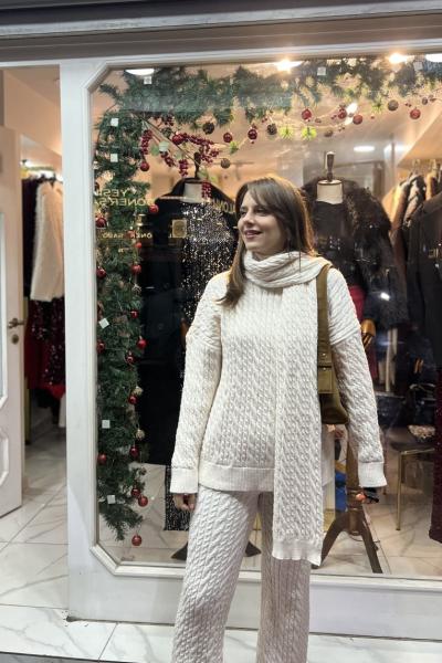 Atkılı Triko Takım Krem