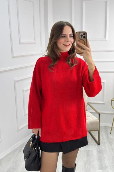 Balıkçı Yaka Kolları Volanlı Kazak Kırmızı