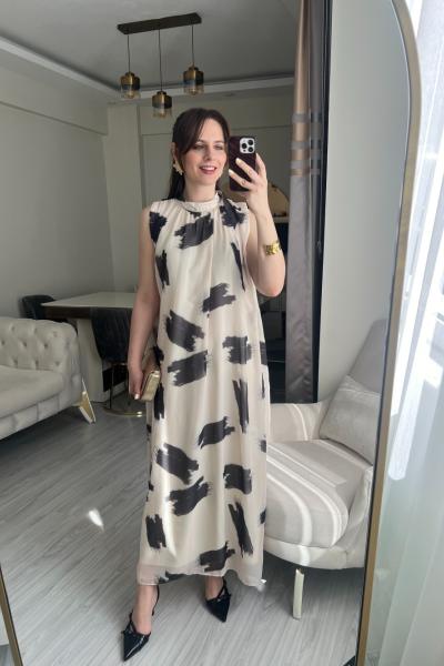 Baskılı Şifon Elbise Krem