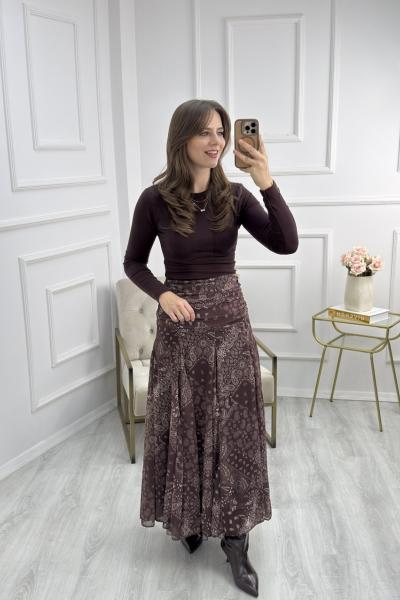 Bel Detaylı Şal Desen Şifon Etek Kahverengi