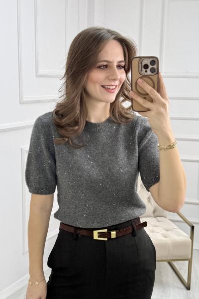 Bisiklet Yaka Pullu Simli Triko Kazak Gri