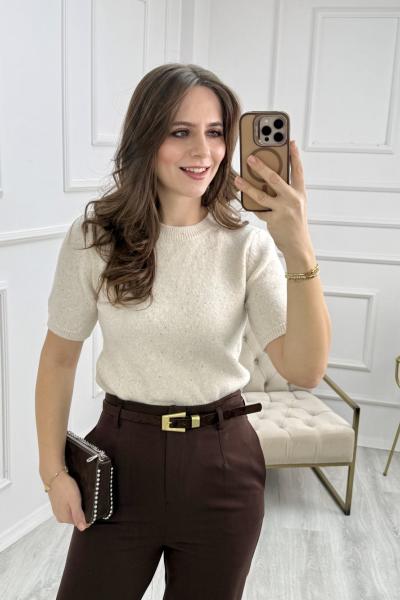 Bisiklet Yaka Pullu Simli Triko Kazak Krem