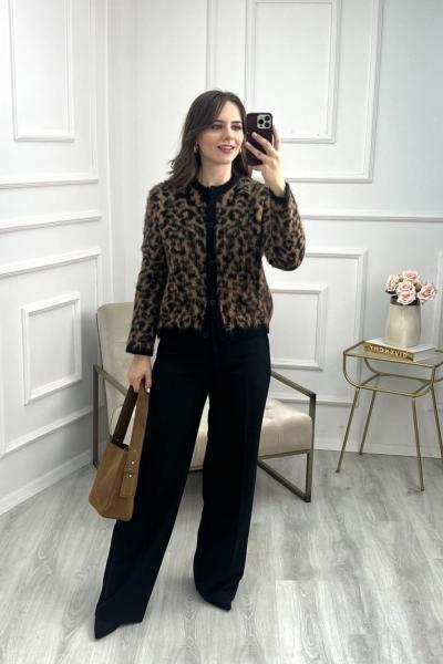 Bisiklet Yaka Leopar Desen Hırka Siyah Kahverengi