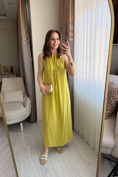 Boyundan Büzgü Bağlamalı Elbise Yağ Yeşili