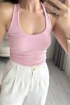 Boyundan Geçmeli Fitilli Bluz Pembe