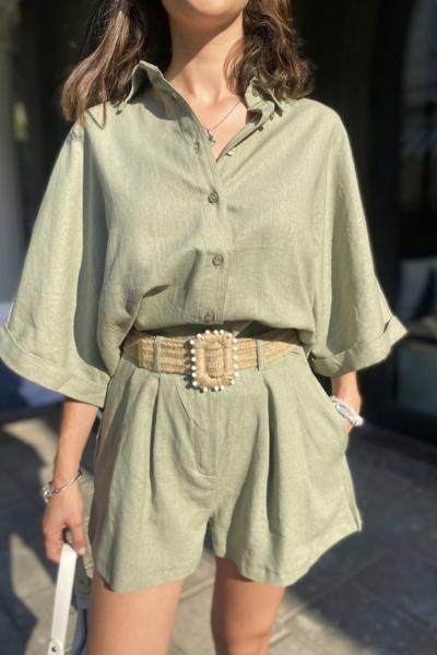 ÇAĞLA YEŞİLİ ŞORTLU KETEN TAKIM Yeşil