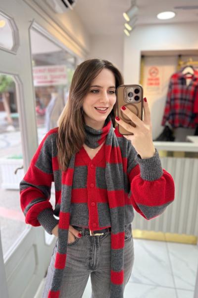 Çizgili Atkılı Triko Hırka Kırmızı