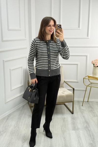 Çizgili Gold Düğmeli Hırka Antrasit