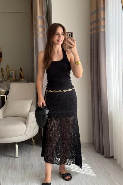 Dantel Astarlı Etek Siyah