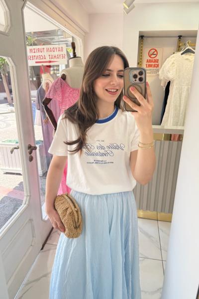 Dantel Biyeli Baskılı Bisiklet Yaka Kısa Kollu Tshirt Mavi