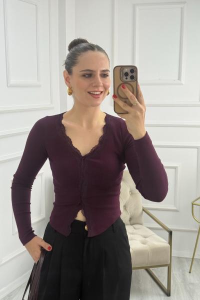 Dantel Detaylı Bluz Bordo