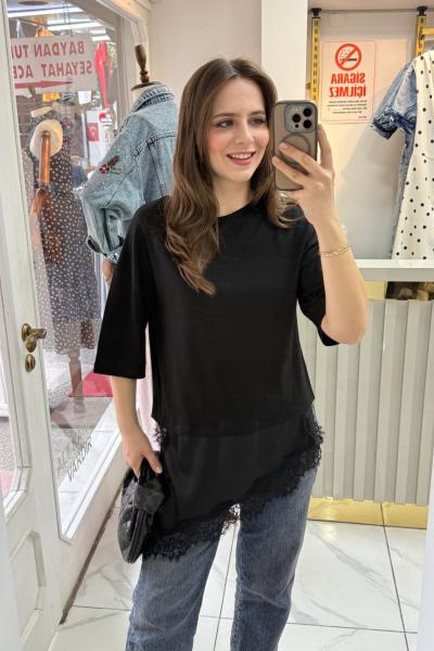 Dantel Detaylı Tshirt Siyah