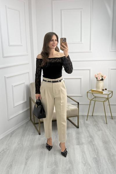 Dantel Kayık Yaka Bluz Siyah