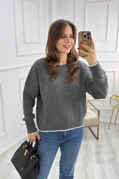 Detaylı Triko Kazak Gri