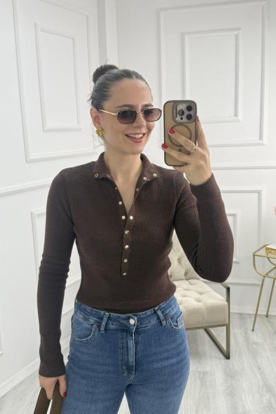 Dik Yaka Çıt Çıtlı Triko Kahverengi