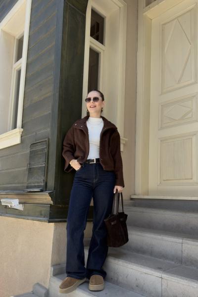 Dik Yaka Çıt Çıtlı Kırçıllı Ceket Kahverengi