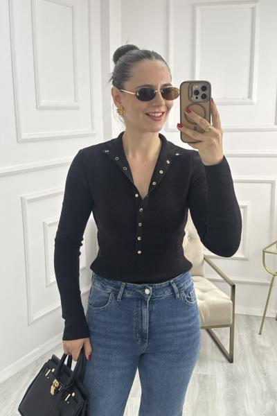 Dik Yaka Çıt Çıtlı Triko Siyah