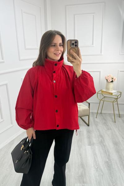 Dik Yaka Büzgülü Ceket Kırmızı