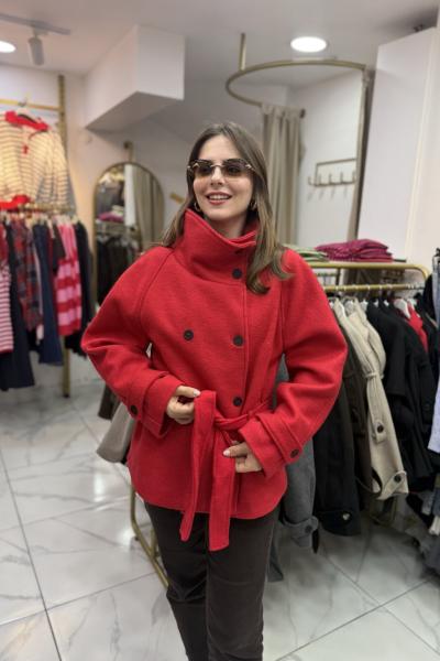 Dik Yaka Belden Bağlamalı Kaşe Kaban Kırmızı