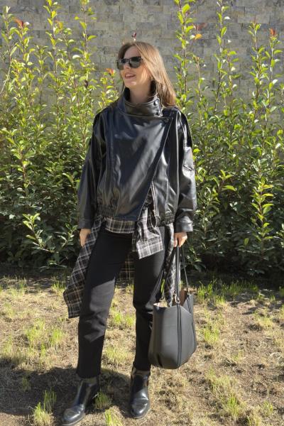 Dik Yakalı Kruvaze Siyah Deri Ceket Siyah