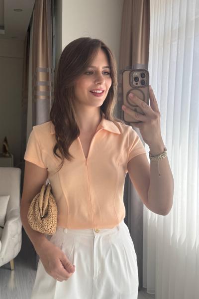 Fermuar Detaylı Tişört Somon