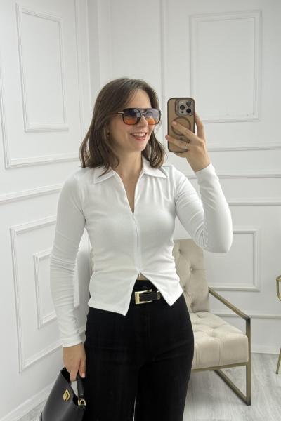 Fermuar Detaylı Polo Yaka Uzun Kollu Bluz Beyaz