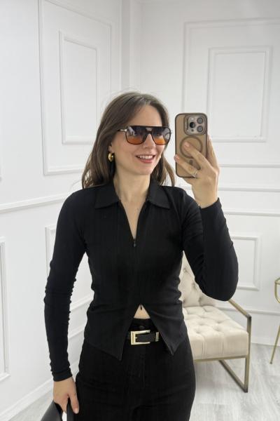 Fermuar Detaylı Polo Yaka Uzun Kollu Bluz Siyah