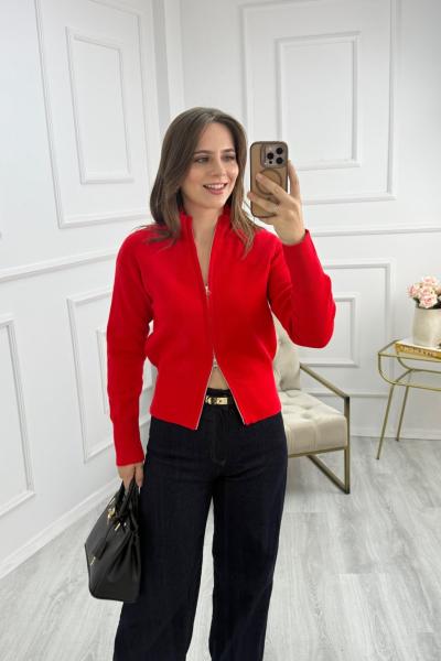 Fermuar Detaylı Hırka Kırmızı