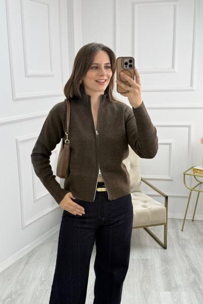 Fermuar Detaylı Hırka Kahverengi