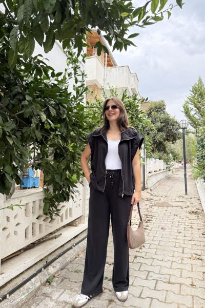 Fermuarlı Yelekli Takım Siyah