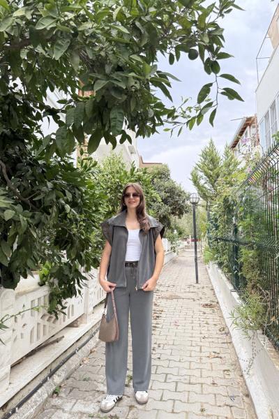 Fermuarlı Yelekli Takım Yeşil