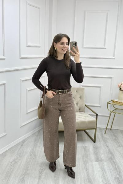 Full Taş İşlemeli Jean Pantolon Vizon