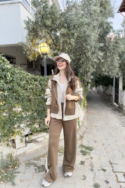 Garnili Belden Büzgülü Astarlı Takım Kahverengi