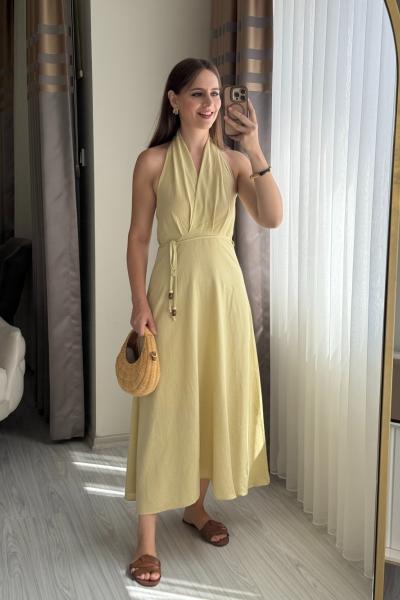 Halter yaka boncuk ipli elbise Sarı