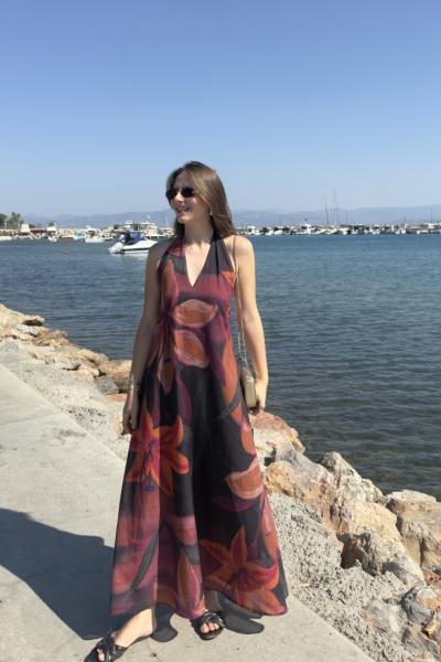 Halter Yaka Boyundan Bağlamalı  Çİçek Desenlİ Elbİse Siyah