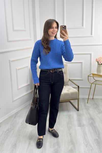 İnce Saç Örgülü Kazak Mavi