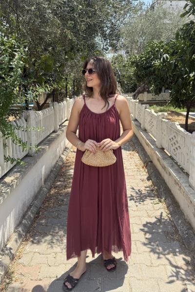 İp Askılı Astarlı Elbise Bordo