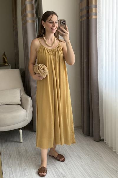 İp Askılı Astarlı Elbise Hardal Sarısı