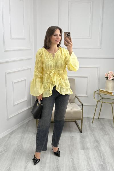 İşlemeli ve Gipeli İspanyol Kol Gömlek Sarı