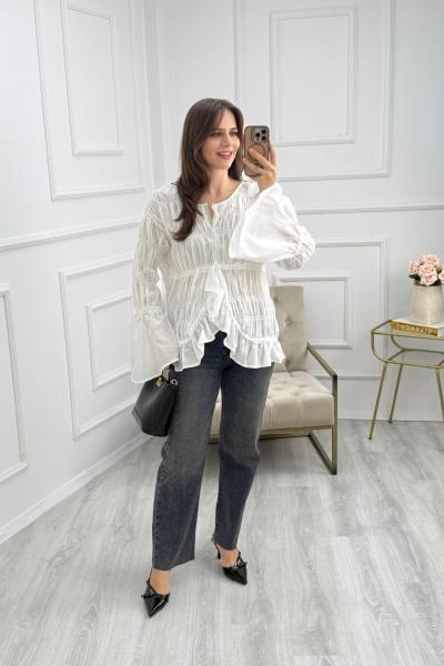 İşlemeli ve Gipeli İspanyol Kol Gömlek Beyaz