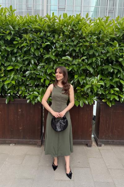 Kaplama Düğmelin Sıfır Kol Midi Elbise Yeşil