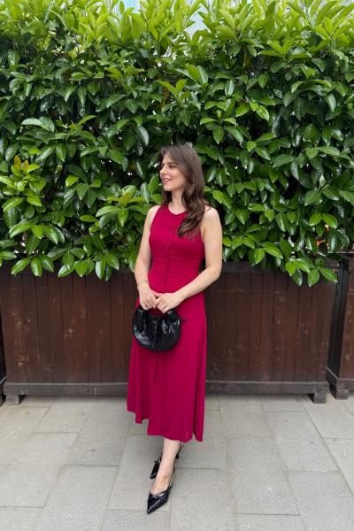 Kaplama Düğmelin Sıfır Kol Midi Elbise Bordo