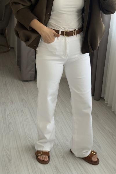 Kemerli Bol Paça Jean Beyaz