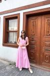 Kemerli Detaylı Astarlı Elbise Pembe
