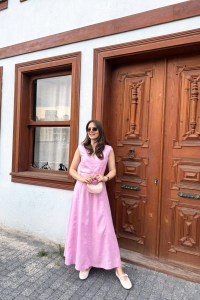 Kemerli Detaylı Astarlı Elbise Pembe