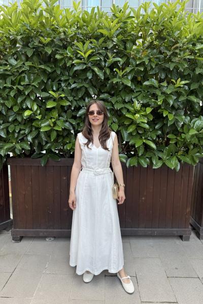 Kemerli Detaylı Astarlı Elbise Ekru